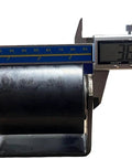 Close-up of 3-inch guiding roller for sliding gates with weld-on bracket, measured with caliper for precise dimensions.