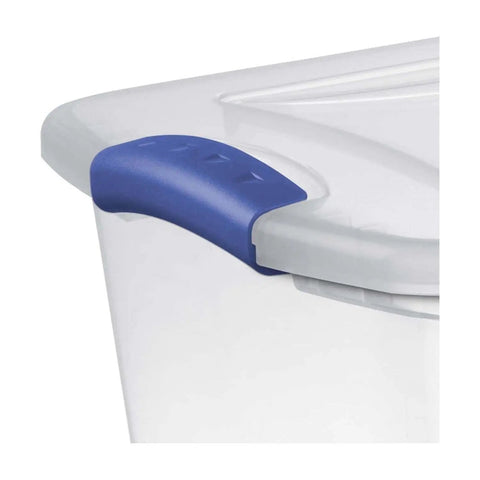 Close-up of blue latch on Twenty Seven Quart Clear Plastic Storage Container With Durable Blue Latches And Secure Recessed Lid Stackable Tote Bin.
