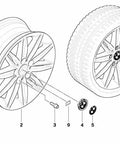 Diagram of BMW wheel assembly showcasing tire, rim, and components, relevant to BMW M Badge Emblem OEM Direct Fit Universal Exterior M Logo Replacement.