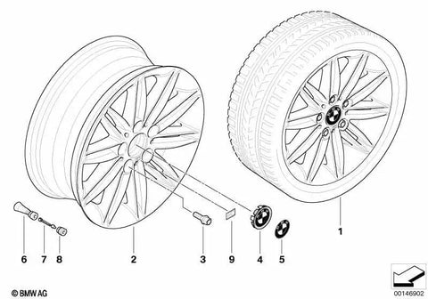 Diagram of BMW wheel assembly showcasing tire, rim, and components, relevant to BMW M Badge Emblem OEM Direct Fit Universal Exterior M Logo Replacement.