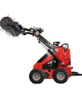 Side view of Stomp Mini Skid Steer Loader with 1800 lb capacity and lawn scarifier attachment for small jobs, showing compact design.