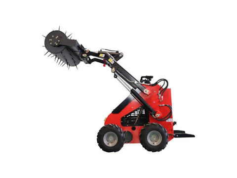 Side view of Stomp Mini Skid Steer Loader with 1800 lb capacity and lawn scarifier attachment for small jobs, showing compact design.