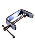 Stainless steel C-clamp with threaded screw and T-handle, for woodworking and metalworking, side view
