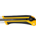 Extra Heavy-Duty 25mm Utility Knife With Ratchet Lock, Razor-Sharp Blade And Seven-Stage Snap-Off System, Fiberglass-Reinforced Handle, Built-To-Last Workhorse For Industrial Construction And Shop Projects. yellow and black 25mm utility knife side view