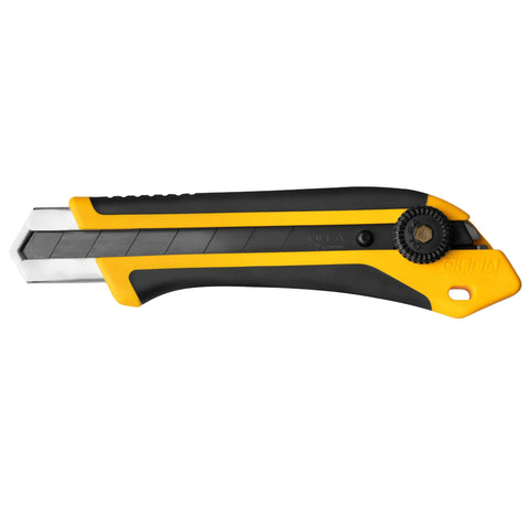 Extra Heavy-Duty 25mm Utility Knife With Ratchet Lock, Razor-Sharp Blade And Seven-Stage Snap-Off System, Fiberglass-Reinforced Handle, Built-To-Last Workhorse For Industrial Construction And Shop Projects. yellow and black 25mm utility knife side view