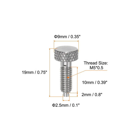 Tough As Nails Stainless Steel Spring Plunger 2 Pack M5x0.8 Thread with knurled grip, 2.5mm diameter for industrial use.