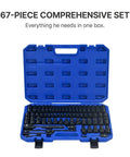 67 Piece Heavy Duty Impact Socket Set In Black And Blue, 3/8 Inch Drive Metric Sae Cr-V Steel Kit For Extreme Torque Jobs And Auto Repair That Really Slams. Open blue case with 67 black impact sockets and ratchet
