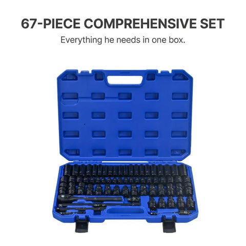 67 Piece Heavy Duty Impact Socket Set In Black And Blue, 3/8 Inch Drive Metric Sae Cr-V Steel Kit For Extreme Torque Jobs And Auto Repair That Really Slams. Open blue case with 67 black impact sockets and ratchet