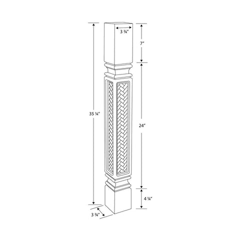 Dimensions of Unfinished North American Hard Maple Kitchen Island Leg With Mission Weave shown in diagram