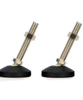 Heavy Duty Adjustable Leveling Feet With Swivel Base And Non Slip Rubber Pads Kills Furniture Wobble Cold On Uneven Floors Nickel Plated Carbon Steel For Machines And Workbenches Set Of Eight showing two feet with rubber pads and steel threads.