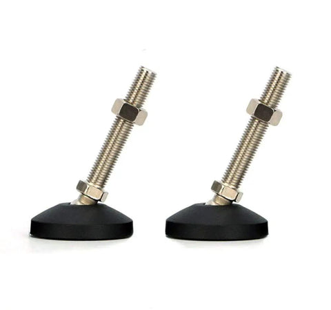 Heavy Duty Adjustable Leveling Feet With Swivel Base And Non Slip Rubber Pads Kills Furniture Wobble Cold On Uneven Floors Nickel Plated Carbon Steel For Machines And Workbenches Set Of Eight showing two feet with rubber pads and steel threads.