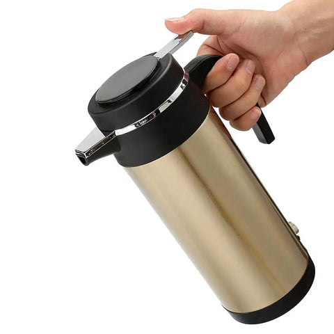 Boss 12V Car Truck Electric Heating Kettle Vacuum Stainless Steel Coffee Pot Water Heater Flask with lid, held in hand.