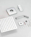 Single Function Shower Trim Kit With Rough In Valve In Polished Chrome Square Stainless Steel Rain Shower Head Brass Wall Mount Valve Half Inch NPT Luxury Adjustable Rainfall Shower System No Fuss Install components including 8in square rain head, wall mount, and hardware