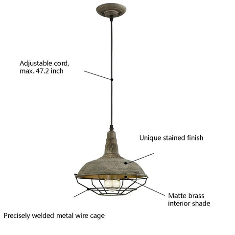 Farmhouse Barn Pendant Light With Dimmable Hanging Ceiling Fixture Industrial Cage Shade In Stained Charcoal Mold Finish shown with adjustable cord and wire cage