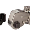Tough Hydraulic Torque Wrench Featuring 360 Degree Swivel Head And Ultra Lightweight Aluminum Build with two black sockets.