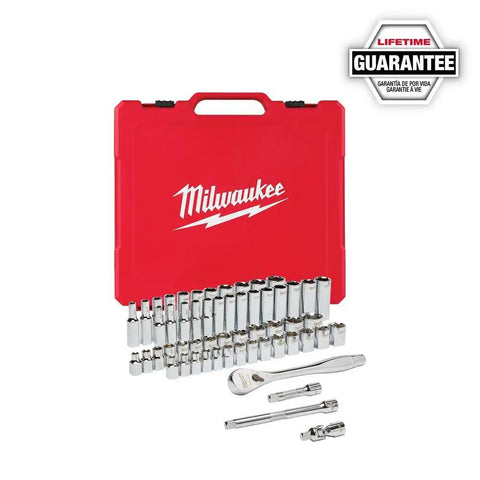 3/8 Inch Drive Ratchet And Socket Set With SAE And Metric Sockets in red case, 56-Piece Mechanics Tool Kit for Home Garage And Jobsite displayed