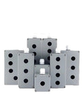 Front view of six CAARLA waterproof cast-aluminum push-button switch control boxes with 22mm knockouts.
