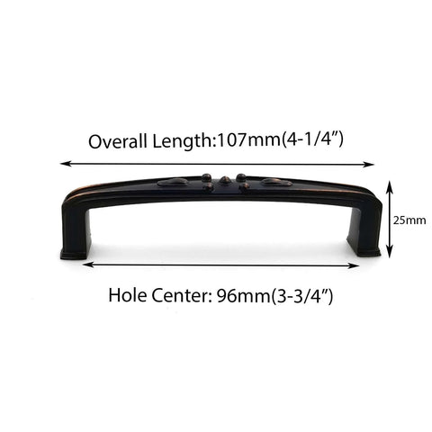 Solid Zinc Alloy Cabinet Pull Handle With Traditional Classic Design In Oil Rubbed Bronze, side view showing dimensions.