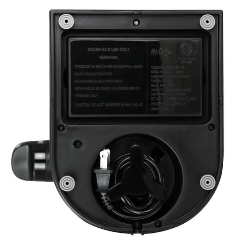 Back view of the Slick Black Espresso And Cappuccino And Latte Maker Featuring Auto Milk Frother, showing power cord and safety warnings.