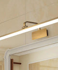 Lit Vanity Light With Brushed Brass Arc Arm Sconces Long Acrylic Linear Wall Light In Gold Adjustable 60cm Warm LED Gallery Style Bathroom Fixture With 180 Degree Rotatable Hinge above mirror