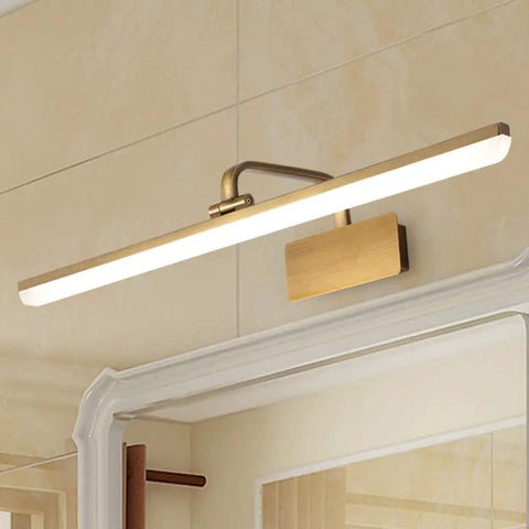 Modern Brushed Brass Vanity Wall Light With Arc Arm Sconces, over mirror, long acrylic LED, warm 2700K glow, gallery style