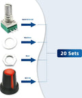 20 Pack 10K Ohm 3 Pin Linear Rotary Potentiometers With Knurled Knobs Top Adjustment Tinker Friendly For Breadboard Prototyping