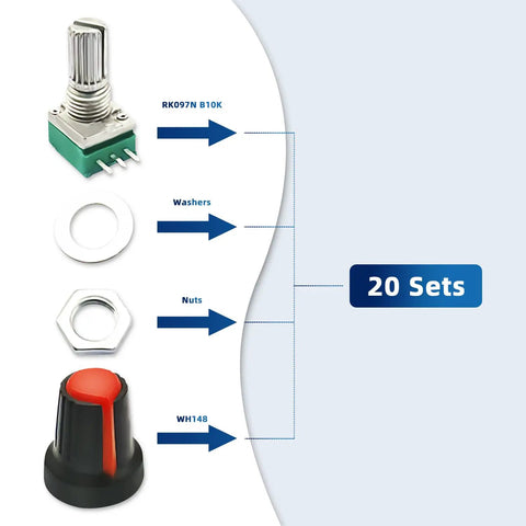 20 Pack 10K Ohm 3 Pin Linear Rotary Potentiometers With Knurled Knobs Top Adjustment Tinker Friendly For Breadboard Prototyping