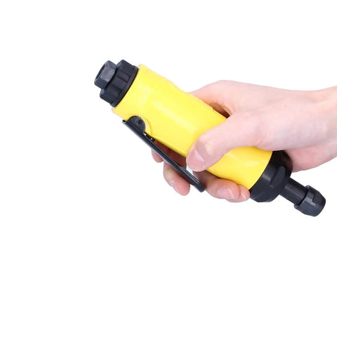 Hand holding Compact Mini Air Angle Die Grinder 22000 RPM Pneumatic Power Tool with yellow body and quick-connect fitting.