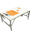 Built Tough Foldable Woodworking Workbench With Thick Plywood Surface And Rust Proof Steel Frame Compact Saw Station For Weekend Warriors and Master Carpenters, side view showing cutting surface and steel frame.