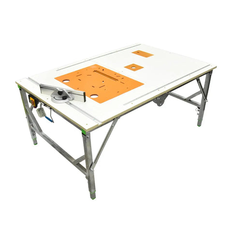 Built Tough Foldable Woodworking Workbench With Thick Plywood Surface And Rust Proof Steel Frame Compact Saw Station For Weekend Warriors and Master Carpenters, side view showing cutting surface and steel frame.