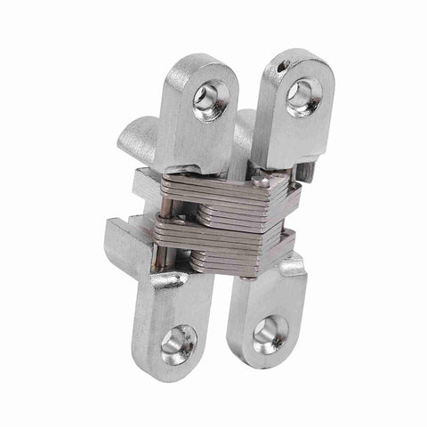 Front view of 180 Degree Zinc Alloy Invisible Folding Door Hinges for Cabinets and Sliding Doors Rustproof Stainless Steel Cross Hidden Hinges