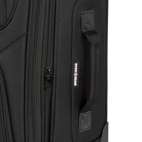Close-up of SwissGear Softside Expandable Checked Luggage For Long Trips with side handle and zipper, 29-Inch Large Black Suitcase