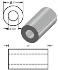 Steel spacer isometric view; 1 in OD, 1/2 in bore, 2 in length, unthreaded round standoff, plain finish.