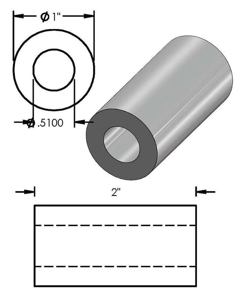 Steel spacer isometric view; 1 in OD, 1/2 in bore, 2 in length, unthreaded round standoff, plain finish.
