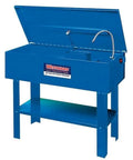 Free Standing Forty Gallon Parts Washer Real Deal Grease Fighting Beast For Mechanic Shops And Daily Garage Grind With Nearly Two Hundred Pound Load Rating And Rust Proof Shell in blue color with open lid.