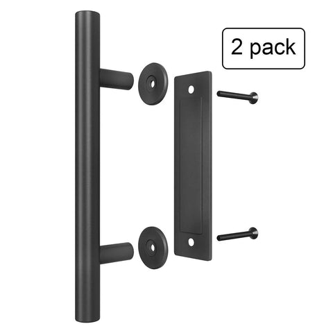Two Piece Twelve Inch Pull And Flush Barn Door Handle Set In Black for gates garages sheds and furniture, includes handles and screws, two-pack