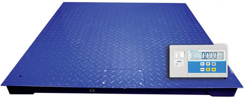 Heavy Duty Platform Scale With 10000 Pound Capacity And Diamond Plate Top, blue steel surface with digital display for pallet weighing.