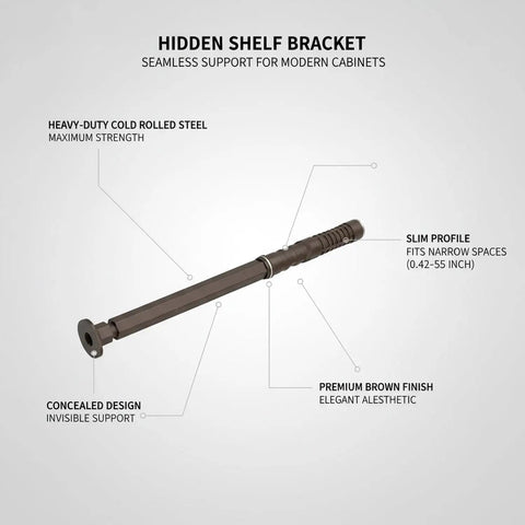 Slim Concealed Shelf Bracket 0.47 Inch Wide Cold Rolled Steel Support For Wardrobe Closet And Cabinet Shelving In Brown Finish