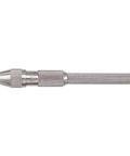 Starrett pin vise, side view; knurled metal body with small-diameter chuck, 0.115–0.187 in range.