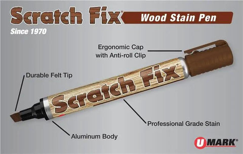 Premium Wood Stain Touch Up Pens With Five Millimeter Chisel Tips That Quickly Conceal Scuffed Hardwood Floors Chipmarked Cabinets Dinged Doors And Scratched Trim While Keeping Your Look Fly And Flawless, showcasing a wood stain pen with durable felt tip.