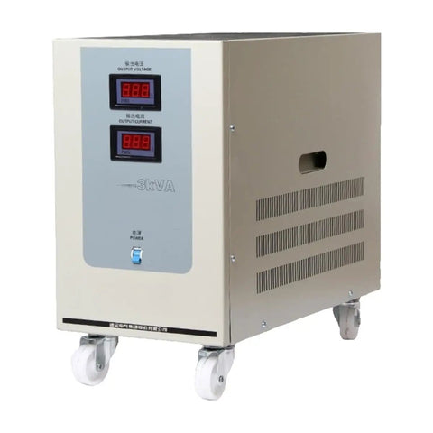 Top Shelf Industrial 220V Single Phase AC Voltage Regulator on wheels with digital display for voltage and current.