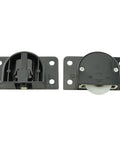 Wardrobe Sliding Door Roller Wheel Set for Closet Cabinets with ABS Nylon Wheels, black, front and side view, 58x31mm size, 46x18mm spacing.