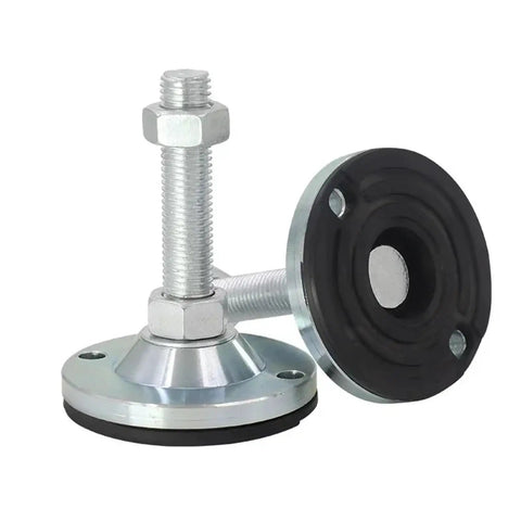 Close-up of Adjustable Foot Furniture Levelers With Rubber Non Slip Pads For Tables Chairs And Cabinets Four Pack Heavy Duty Metal Base