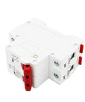 Badass Din Rail Circuit Breaker Featuring Killer Solar Panel Overload Protection Switch for RV Campers and Homes With Beefy Automatic Air Switch Up to 63 Amps 500V Rating, side view with red toggle.