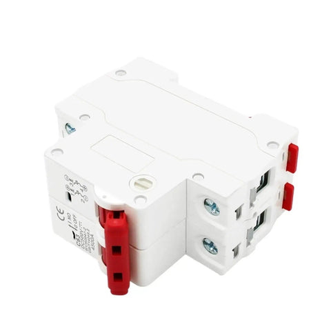 Badass Din Rail Circuit Breaker Featuring Killer Solar Panel Overload Protection Switch for RV Campers and Homes With Beefy Automatic Air Switch Up to 63 Amps 500V Rating, side view with red toggle.