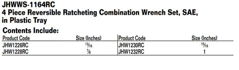 Table listing 4-Piece Reversible Ratcheting Combination Wrench Set sizes, product codes JHW1226RC, JHW1228RC, JHW1230RC, JHW1232RC.
