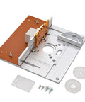 Rock Solid Aluminum Router Table Insert With Easy Peasy Flip Miter Guide For Solid Wood Milling and Rip Through Precise Cuts On Any Custom Workbench Board Station, showing aluminum build with miter guide and hardware.
