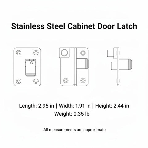Diagram of one handed stainless steel push latch for RV and boat cabinets no fuss easy install keeps doors locked against road vibration.