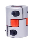 Top Tier Flexible Shaft Coupling Plum Type 80mm By 114mm Aluminum Motor Connector shown from the side with orange vibration damping.