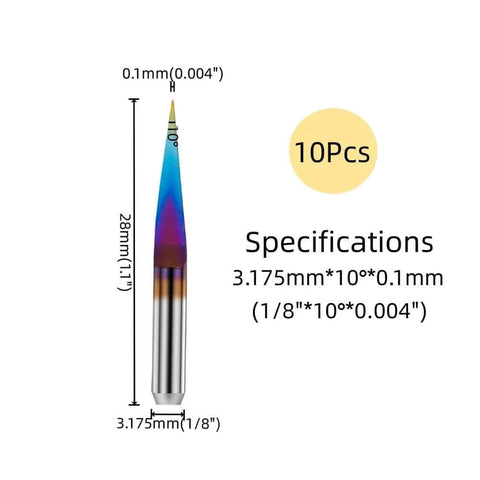 10Pcs Nano Blue Coated 10 Degree V Bit Engraving Router Bits Set For PCB Wood Plastic Lettering Sign Making 0.1mm Tip 0.004 Inch Carbide CNC Bits With 3.175mm Shank One Eighth Inch